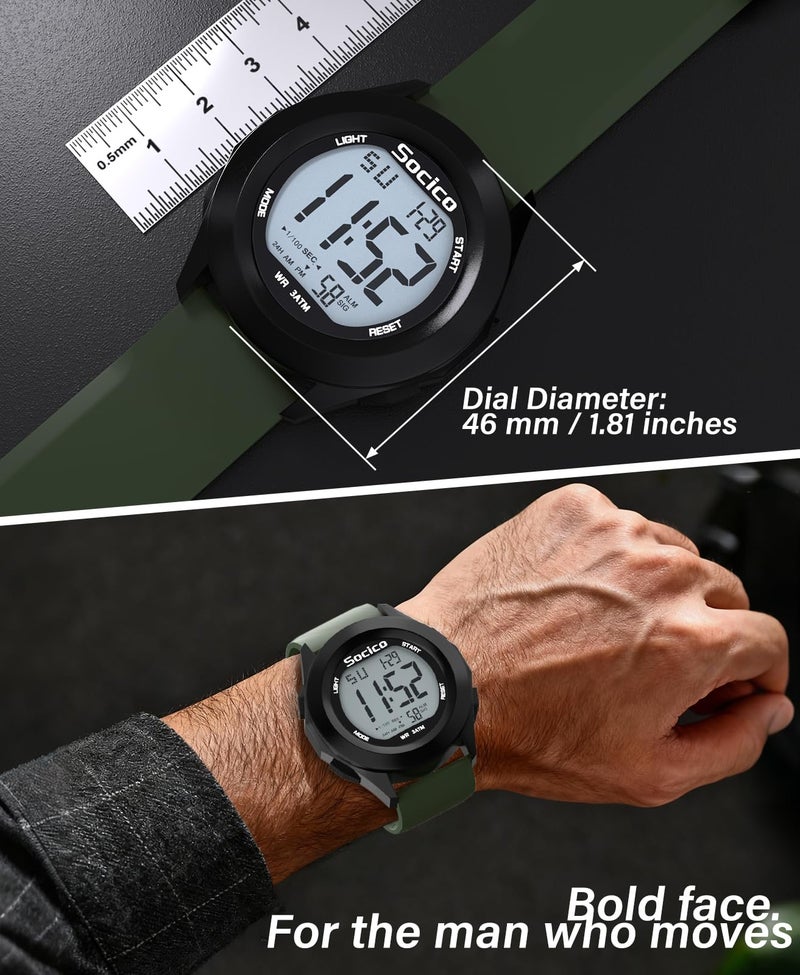 SOCICO Mens Digital Watch Sports Waterproof Outdoor Large Face Military Watches with Stopwatch Back Light Alarm Date Display - Image 2