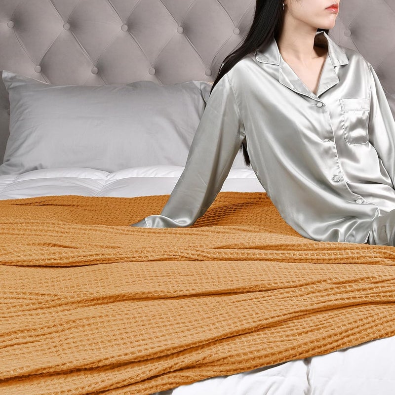 PHF Ultra Soft Waffle Weave Blanket King Size 104"x 90"- Washed Lightweight Breathable Cozy Woven Blanket for Bed - Aesthetic Decor for Couch Bedding Sofa Home Car - Orange - Image 2