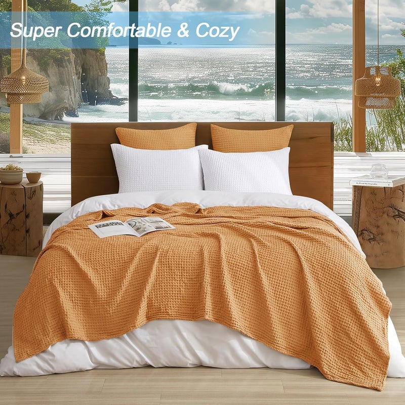 PHF Ultra Soft Waffle Weave Blanket King Size 104"x 90"- Washed Lightweight Breathable Cozy Woven Blanket for Bed - Aesthetic Decor for Couch Bedding Sofa Home Car - Orange - Image 4