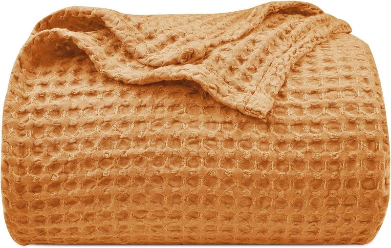 PHF Ultra Soft Waffle Weave Blanket King Size 104"x 90"- Washed Lightweight Breathable Cozy Woven Blanket for Bed - Aesthetic Decor for Couch Bedding Sofa Home Car - Orange - Image 1