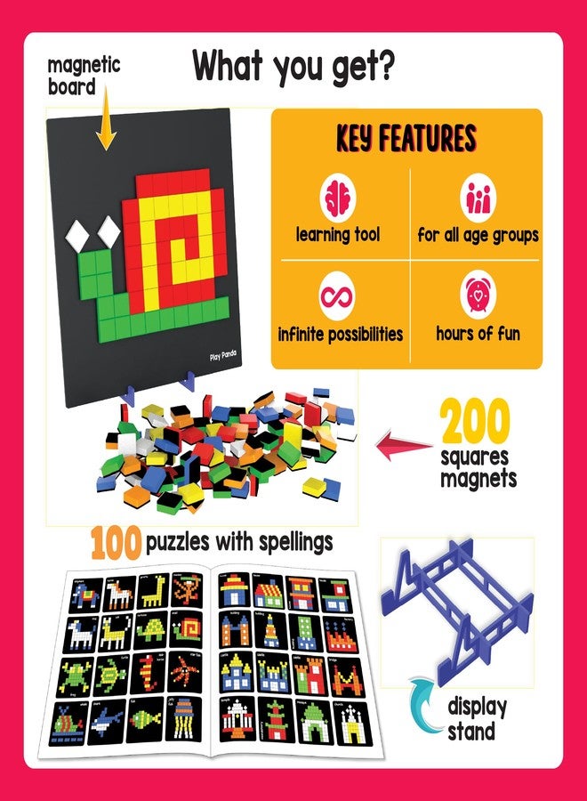 PLAY PANDA Magnetic Puzzle Set for Kids, Small Squares with 200 Magnetic Shapes with Magnetic Board,100 Puzzle Book & 100 Puzzle Patterns, Display Stand and Storage Tray Indoor Educational Toy - Image 4