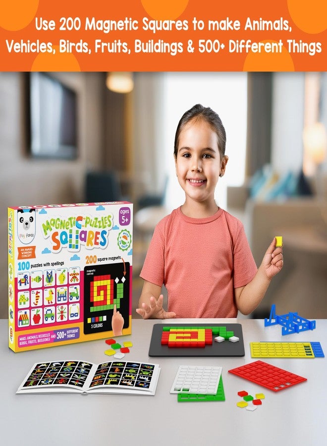PLAY PANDA Magnetic Puzzle Set for Kids, Small Squares with 200 Magnetic Shapes with Magnetic Board,100 Puzzle Book & 100 Puzzle Patterns, Display Stand and Storage Tray Indoor Educational Toy - Image 3