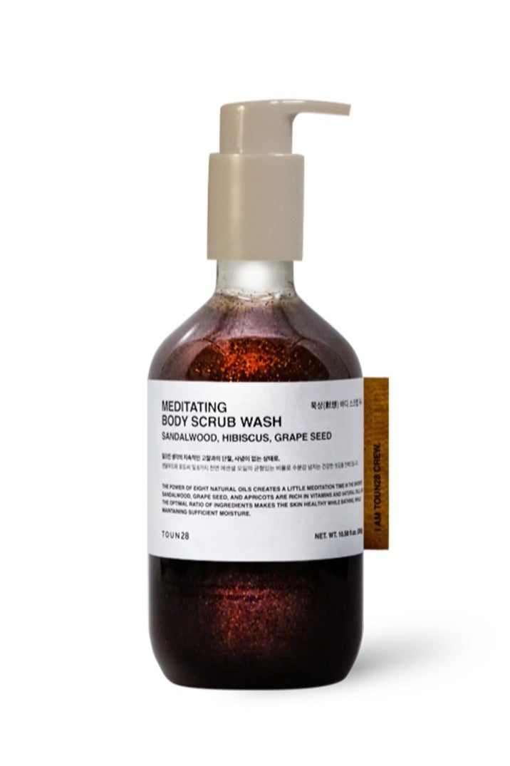 TOUN28 Meditating Body Scrub Wash, Gentle Exfoliating Body Cleanser with Sandalwood, Hibiscus & 8 Essential Oils, 100% Recycled Bottle, Vegan Korean Body Care for all Skin Types, 300ml - Image 1