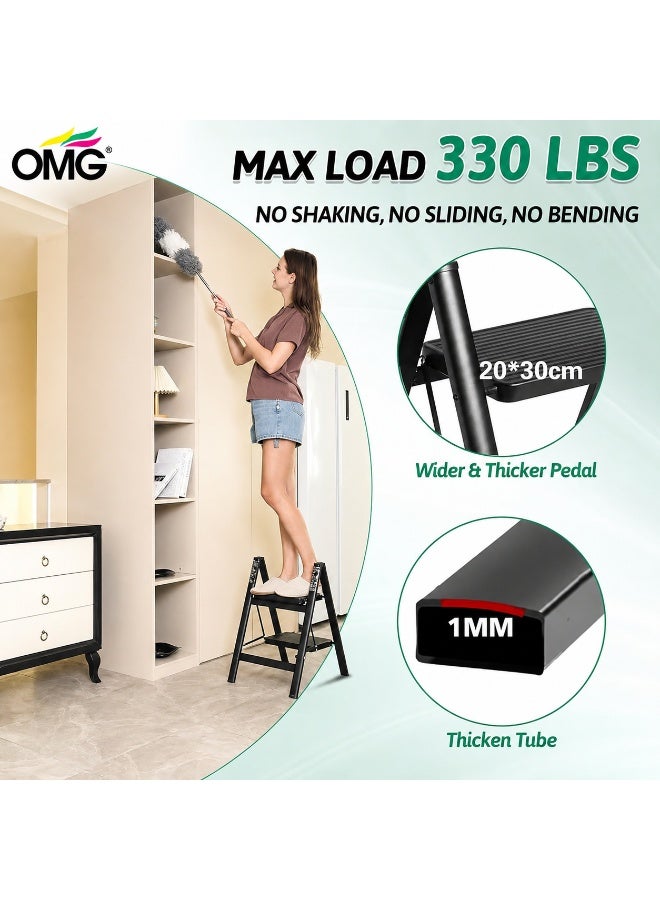 OMG Ladder 2 Step Folding , Heavy Duty Steel Step Stool with Anti Slip Wide Pedals, 150KG Load Capacity, Portable Foldable Stepladder for Kitchen Home Bedroom - Image 1