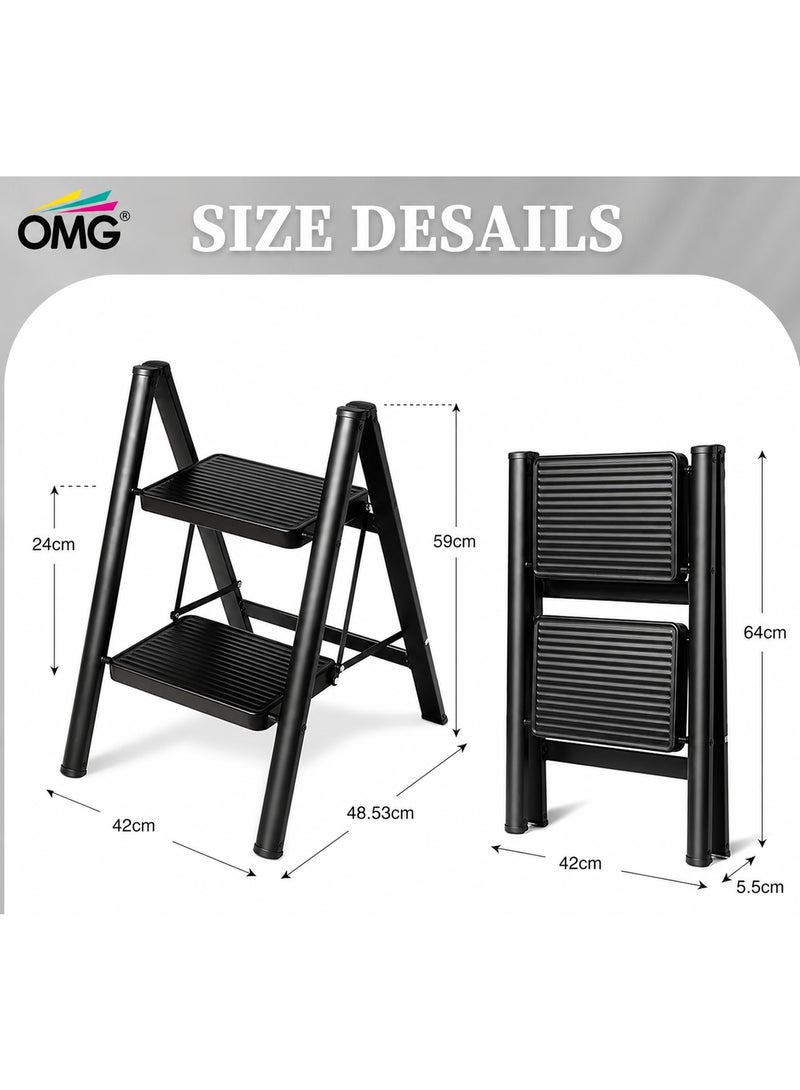 OMG Ladder 2 Step Folding , Heavy Duty Steel Step Stool with Anti Slip Wide Pedals, 150KG Load Capacity, Portable Foldable Stepladder for Kitchen Home Bedroom - Image 2