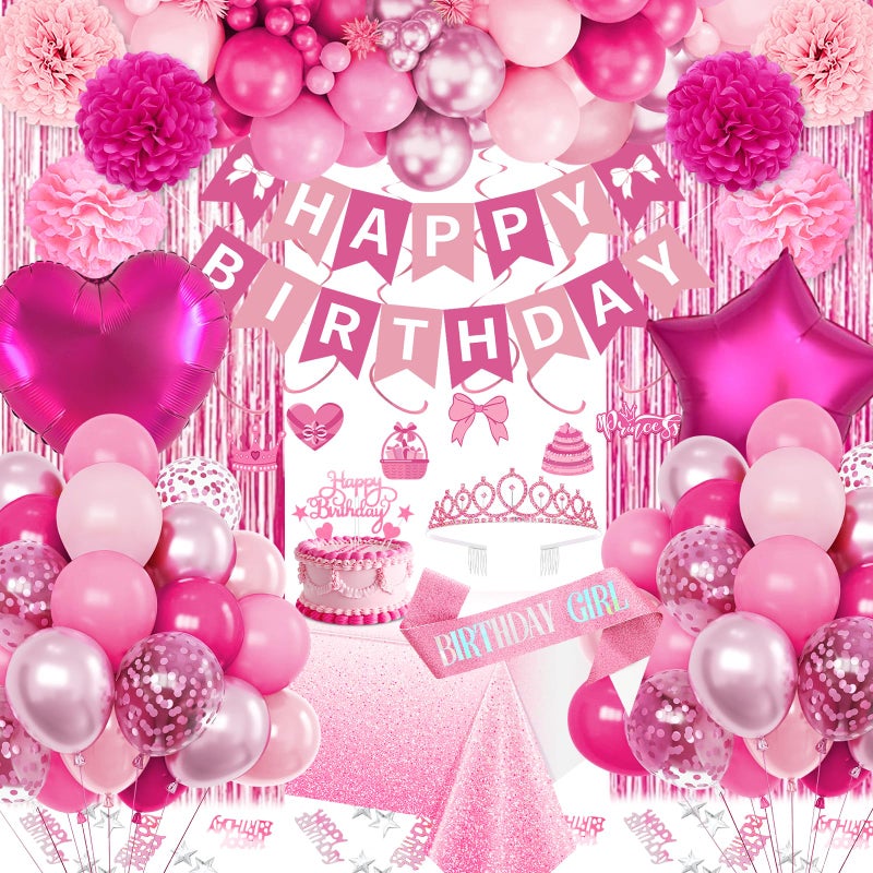 Fantspati Hot Pink Birthday Decorations Pink Party Decorations with Balloons Happy Birthday Banner Bday Sash Crown Tablecloth Fringe Curtain Hanging Swirl Heart Star Foil Balloons for Women Girls Bday Decor - Image 3