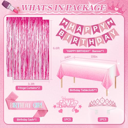 Fantspati Hot Pink Birthday Decorations Pink Party Decorations with Balloons Happy Birthday Banner Bday Sash Crown Tablecloth Fringe Curtain Hanging Swirl Heart Star Foil Balloons for Women Girls Bday Decor - Image 5