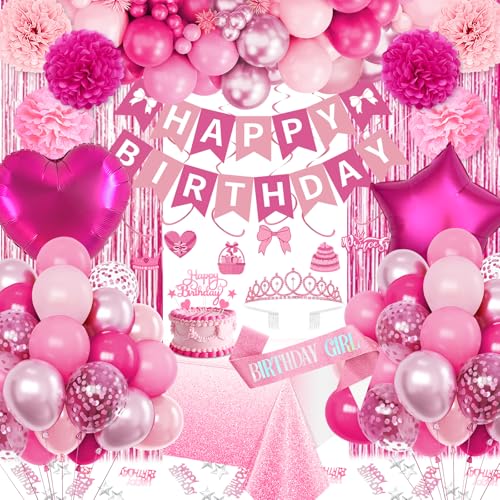Fantspati Hot Pink Birthday Decorations Pink Party Decorations with Balloons Happy Birthday Banner Bday Sash Crown Tablecloth Fringe Curtain Hanging Swirl Heart Star Foil Balloons for Women Girls Bday Decor - Image 1