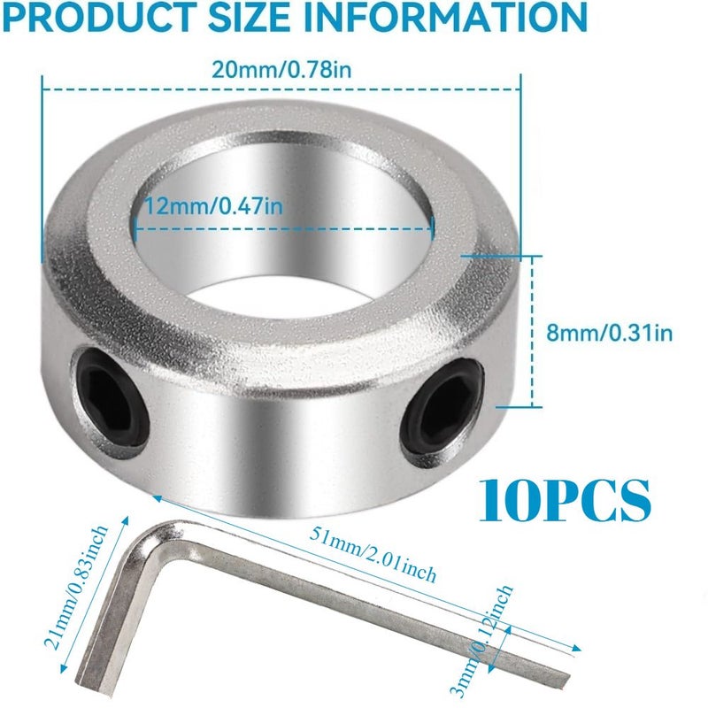 Set Of 10 Hub Clamping Rings 12mm Inner Diameter 8mm Shaft Diameter 12mm Bore Diameter 20mm Outer Diameter For Hand Trucks Shafts Gearboxes Assemblies CNC Machine Tools - Image 2