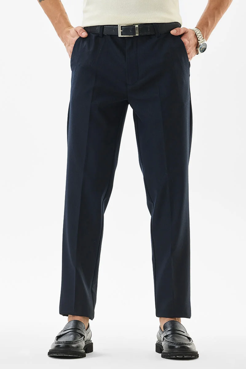 SNITCH Navy Blue Textured Slim Fit Formal Trousers