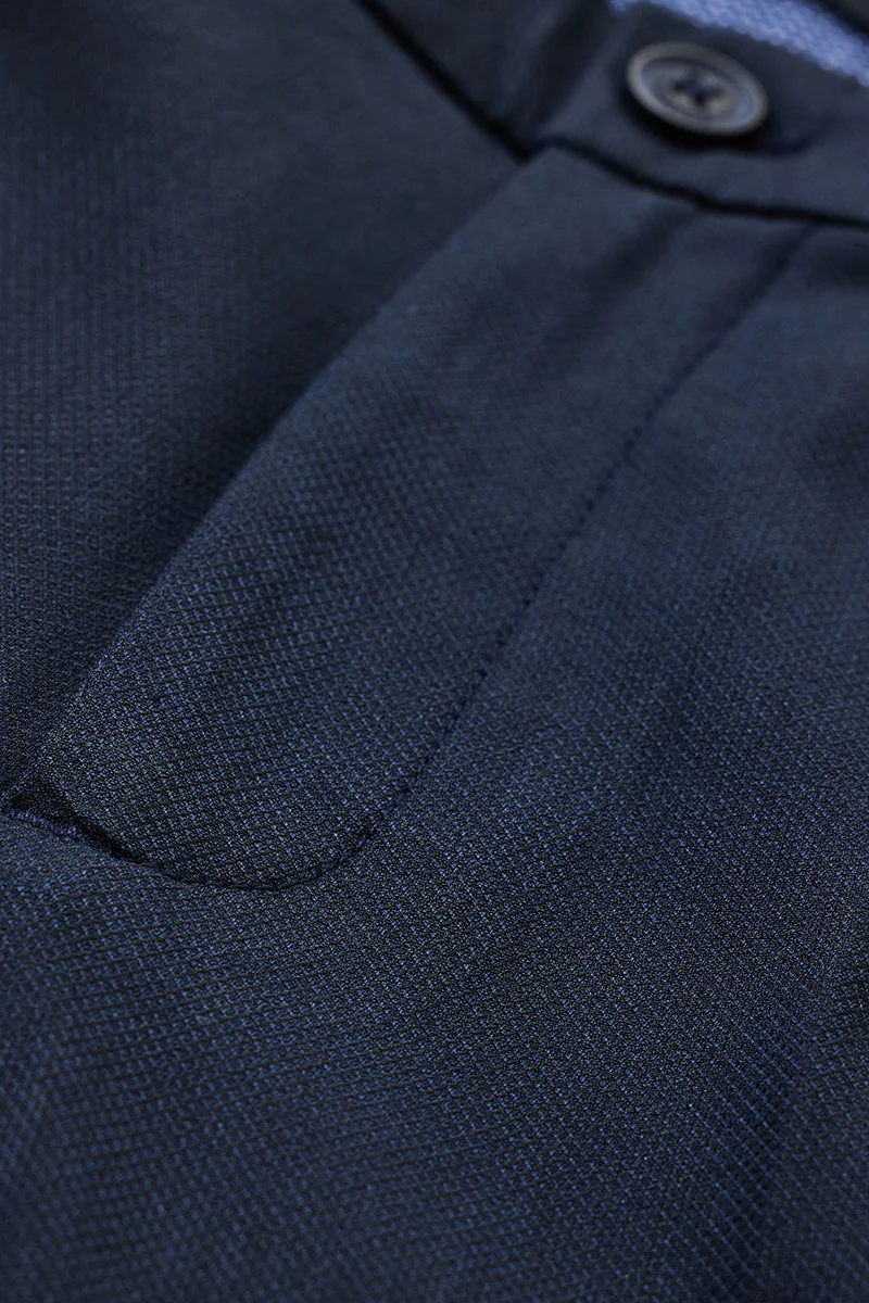 SNITCH Navy Blue Textured Slim Fit Formal Trousers
