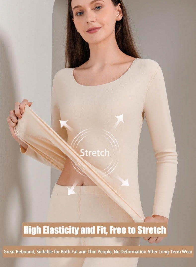 VUCATIN Women and Men Thick Thermal Underwear Set Couples Ultra-Soft Long Johns Set Crew Neck Base Layer Stretch Long Johns Bottoms Leggings for Cold Weather Training Hiking Outdoor Sports (Women's Beige) - Image 3