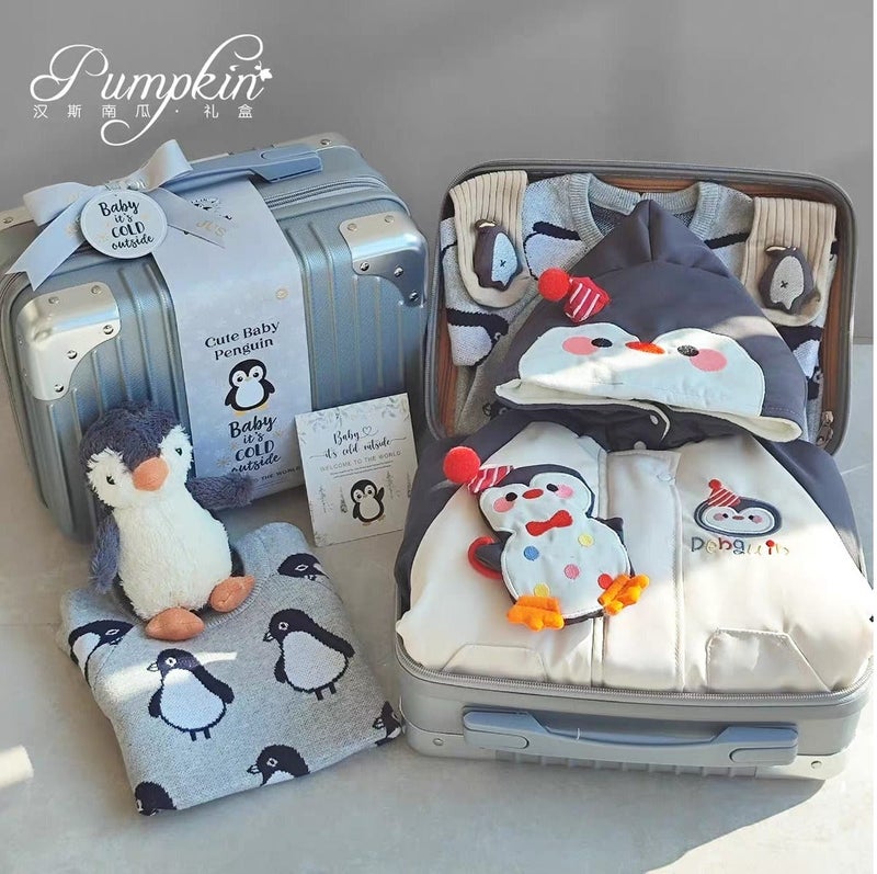 Pumpkin Luxury Penguin 9-Piece Baby Gift Set - Newborn Essentials with Premium Silver Travel Suitcase u0026 Keepsake Card - Soft Cotton Plush Penguin Theme for Boys u0026 Girls - Image 1