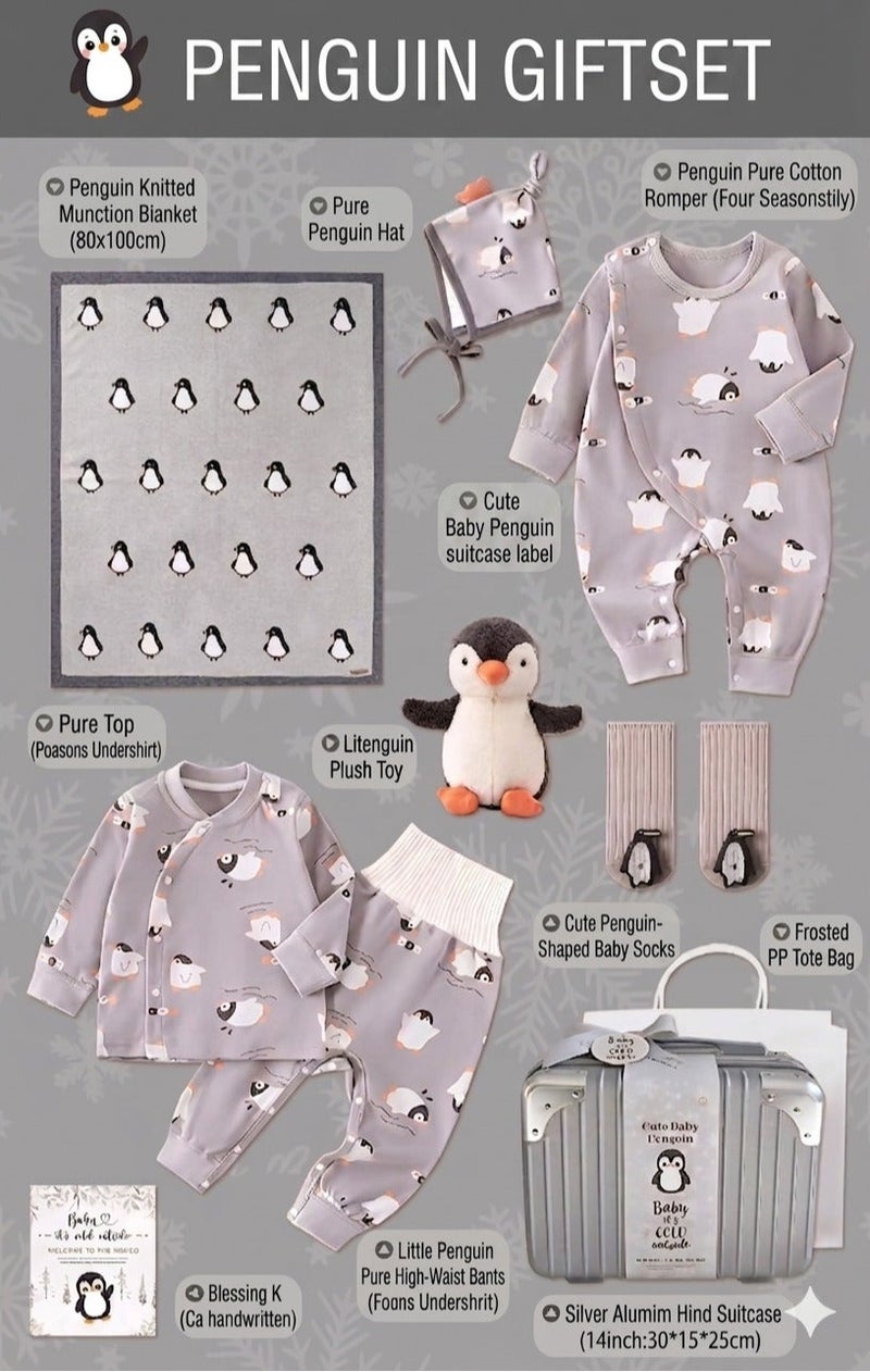 Pumpkin Luxury Penguin 9-Piece Baby Gift Set - Newborn Essentials with Premium Silver Travel Suitcase u0026 Keepsake Card - Soft Cotton Plush Penguin Theme for Boys u0026 Girls - Image 2