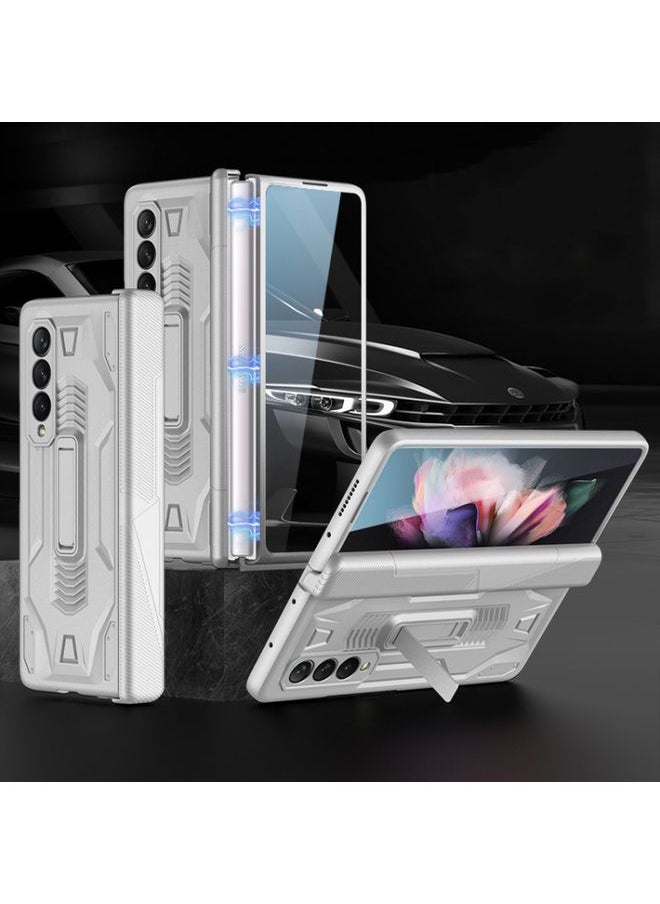 Generic Case Cover For Samsung Galaxy Z Fold 3 5G Integrated Magnetic Armor Flip Phone Case with Holder Silver 