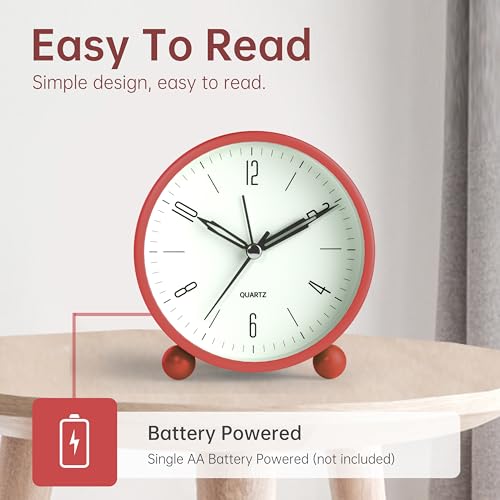 Jall Analog Alarm Clock, 4 inch Super Silent Non Ticking Small Clock with Night Light, Battery Operated, Simple Design, Old Fashioned Style Wine-red Decor, for Bedroom, Bedside, Desk, Adult, Kid, Gift, Red - Image 3