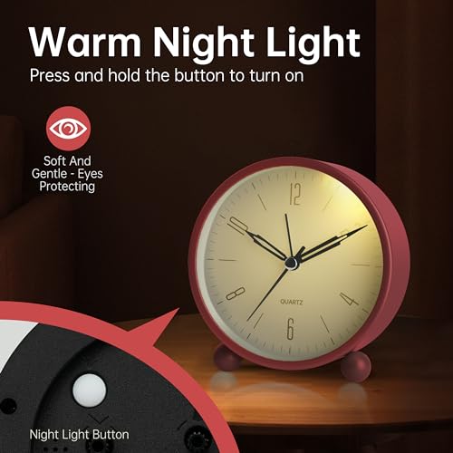 Jall Analog Alarm Clock, 4 inch Super Silent Non Ticking Small Clock with Night Light, Battery Operated, Simple Design, Old Fashioned Style Wine-red Decor, for Bedroom, Bedside, Desk, Adult, Kid, Gift, Red - Image 4