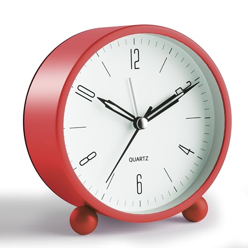 Jall Analog Alarm Clock, 4 inch Super Silent Non Ticking Small Clock with Night Light, Battery Operated, Simple Design, Old Fashioned Style Wine-red Decor, for Bedroom, Bedside, Desk, Adult, Kid, Gift, Red - Image 1