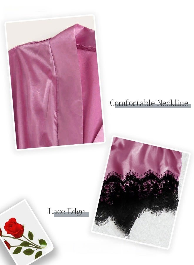 4 Pack Women's Nightwear Set Lace Trimmed Lightweight Silk Satin Sleepwear Pajama Ladies Summer Breathable Home Wearing Clothes Suits (Underwear + Panties + Robe + Shorts) Purple and Black - Image 3
