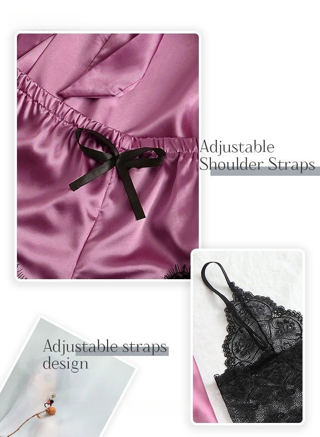 4 Pack Women's Nightwear Set Lace Trimmed Lightweight Silk Satin Sleepwear Pajama Ladies Summer Breathable Home Wearing Clothes Suits (Underwear + Panties + Robe + Shorts) Purple and Black - Image 4