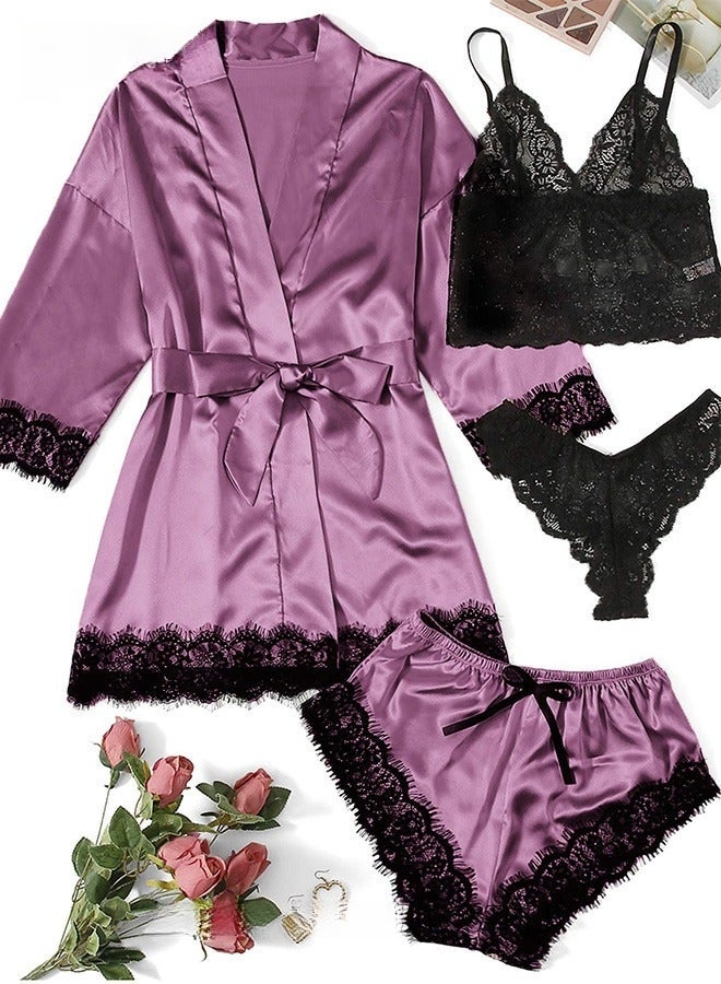 4 Pack Women's Nightwear Set Lace Trimmed Lightweight Silk Satin Sleepwear Pajama Ladies Summer Breathable Home Wearing Clothes Suits (Underwear + Panties + Robe + Shorts) Purple and Black - Image 1