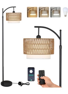 Generic Floor Lamp,Arc Floor Lamp for Living Room with 3 Color Temperatures, Farmhouse Floor Lamps with Remote & Dimmable Bulb, Boho Standing Lamp with Rattan & Fabric Shades, Adjustable Tall Lamp for Bedroom, Office  - Image 1