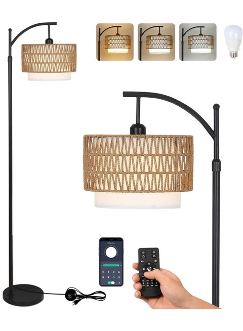 Floor Lamp,Arc Floor Lamp for Living Room with 3 Color Temperatures, Farmhouse Floor Lamps with Remote & Dimmable Bulb, Boho Standing Lamp with Rattan & Fabric Shades, Adjustable Tall Lamp for Bedroom, Office