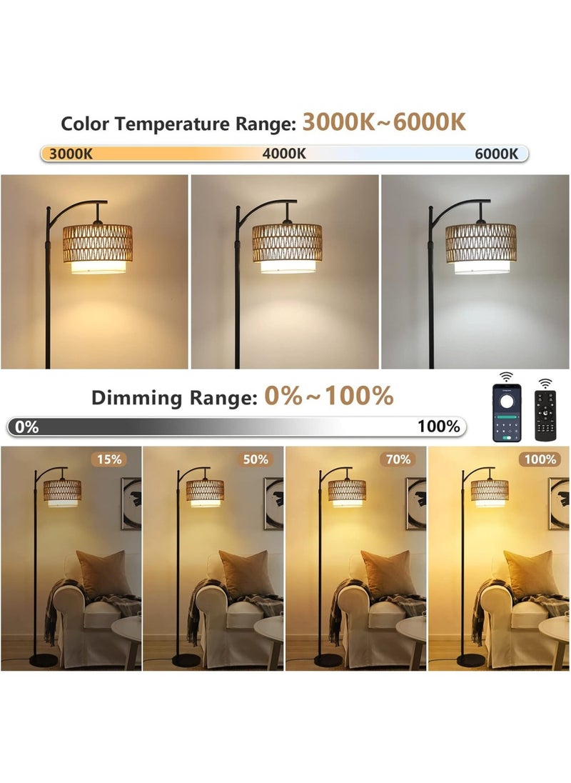 Generic Floor Lamp,Arc Floor Lamp for Living Room with 3 Color Temperatures, Farmhouse Floor Lamps with Remote & Dimmable Bulb, Boho Standing Lamp with Rattan & Fabric Shades, Adjustable Tall Lamp for Bedroom, Office  - Image 2