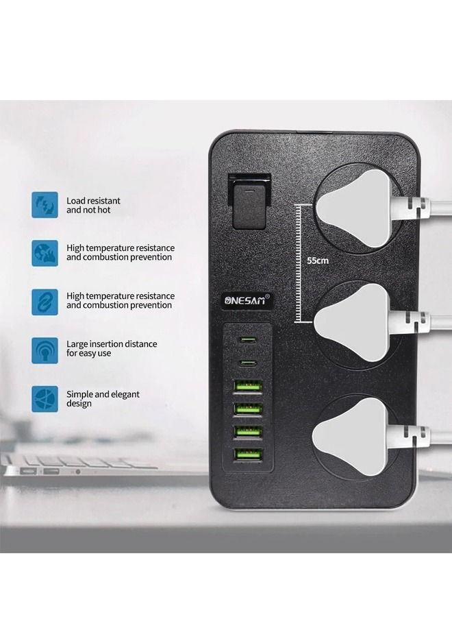 Padom Power socket with 3 Outlets, 4 USB Ports and 2 USB C, 6ft Power Extension Cable with Multiple Outlets,Power strip,USB Charging Station, Built in Child Safety Cover - Image 3