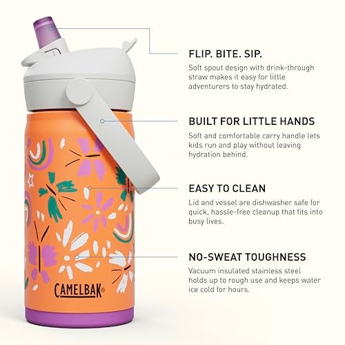 CamelBak Thrive Flip Straw Kids Bite Valve Stainless Steel Water Bottle Butterfly Rainbow 12oz - Image 3