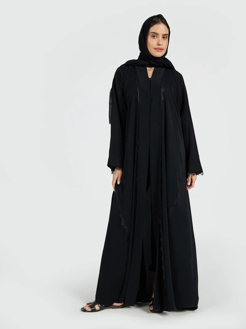 Reem Abayas V-Neck Layered Abaya with Eyelash Lace Trim