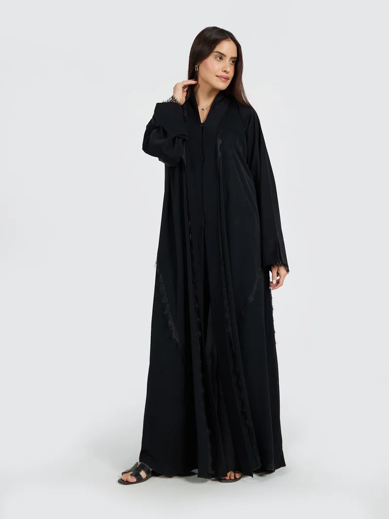 Reem Abayas V-Neck Layered Abaya with Eyelash Lace Trim