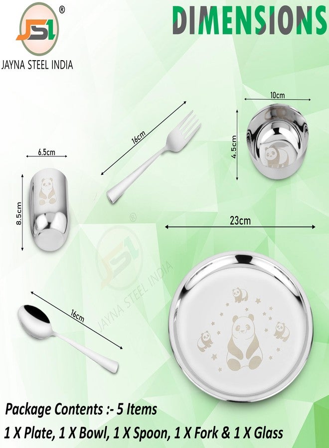 JSI طقم عشاء من الفولاذ المقاوم للصدأ من JSI مكون من 5 قطع للأطفال - طقم ثالي غداء متين من الفولاذ المقاوم للصدأ عيار 304 - نقش باندا دائم بالليزر - تصميم جذاب وأنيق - أطباق آمنة للطعام ذات حواف ناعمة - Image 4