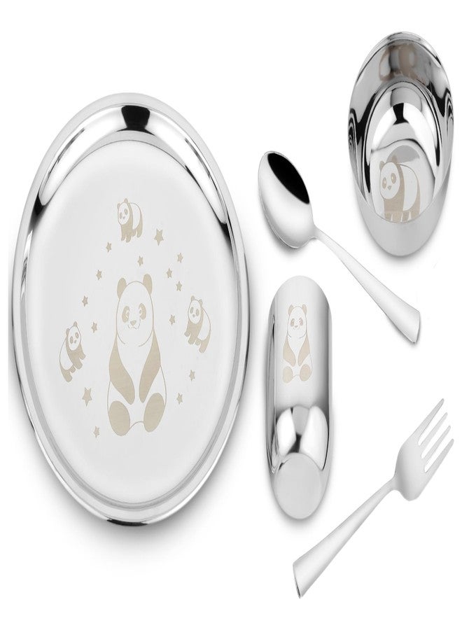 JSI طقم عشاء من الفولاذ المقاوم للصدأ من JSI مكون من 5 قطع للأطفال - طقم ثالي غداء متين من الفولاذ المقاوم للصدأ عيار 304 - نقش باندا دائم بالليزر - تصميم جذاب وأنيق - أطباق آمنة للطعام ذات حواف ناعمة - Image 1