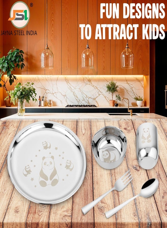 JSI طقم عشاء من الفولاذ المقاوم للصدأ من JSI مكون من 5 قطع للأطفال - طقم ثالي غداء متين من الفولاذ المقاوم للصدأ عيار 304 - نقش باندا دائم بالليزر - تصميم جذاب وأنيق - أطباق آمنة للطعام ذات حواف ناعمة - Image 2