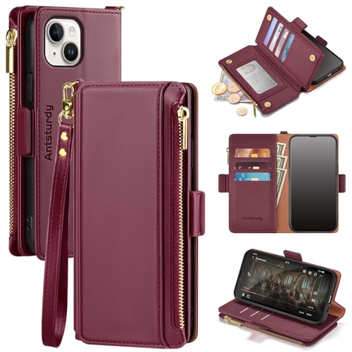 Antsturdy Compatible with iPhone 14 Plus Wallet CaseRFID Blocking PU Leather Phone Case Women Men Flip Shockproof Cover Strap Zipper Pocket Credit Card Holder Slots for Apple 14 PlusWine Red - Image 1