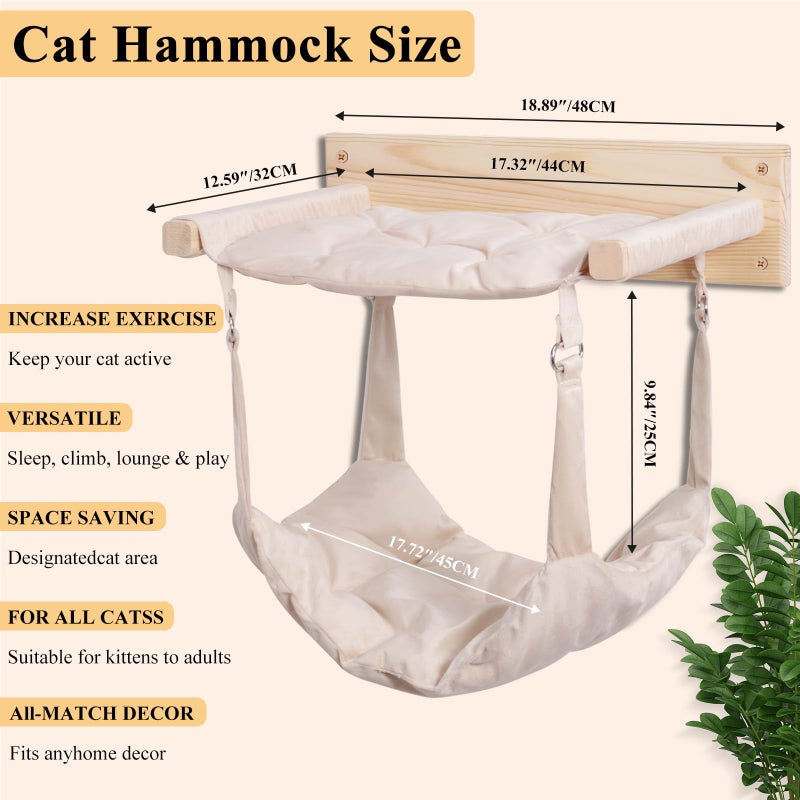 JSPYFITS Wooden Cat Wall Hammock, 18.9 x 12.6 Inch Double Layer Cat Furniture Hammock, Large Removable Multi-Function Cats Bed for Sleep/Play/Climb/Lounge Easy DIY Installation(Beige) - Image 4