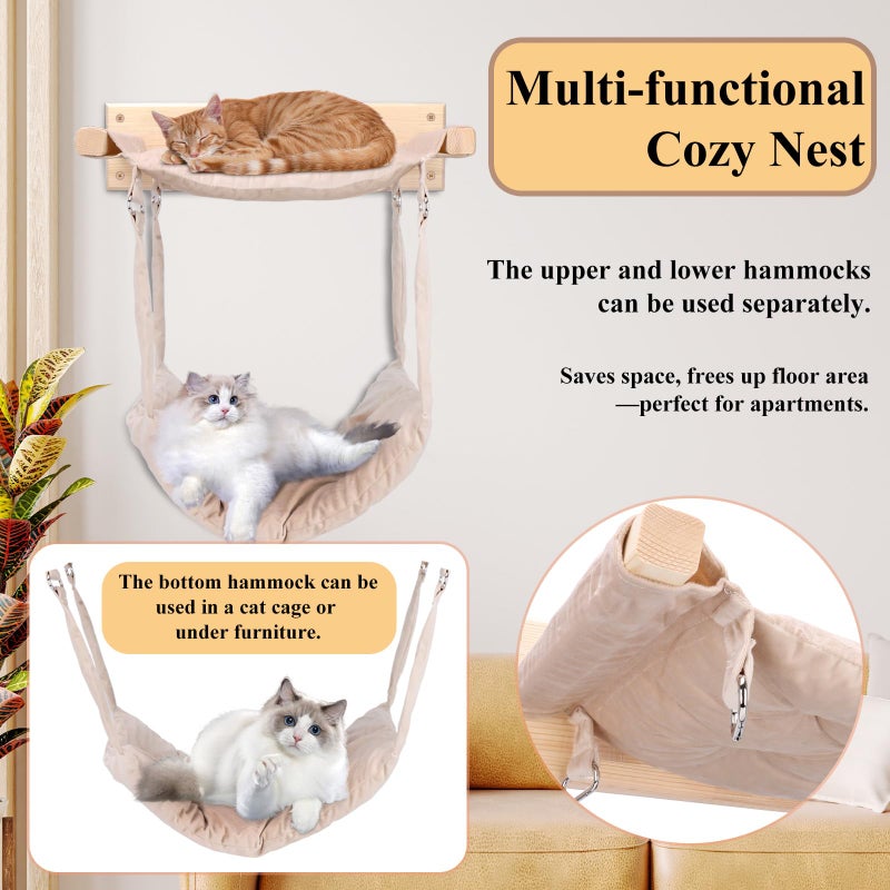 JSPYFITS Wooden Cat Wall Hammock, 18.9 x 12.6 Inch Double Layer Cat Furniture Hammock, Large Removable Multi-Function Cats Bed for Sleep/Play/Climb/Lounge Easy DIY Installation(Beige) - Image 3