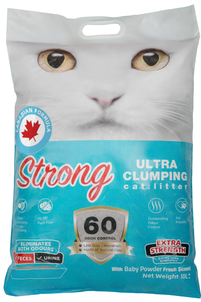 Strong 10L Baby Powder Scent Ultra Clumping Cat Litter Canadian Formula Extra Strength Odor Control Natural Bentonite 99.9% Dust-Free Multi-Cat. - Image 1