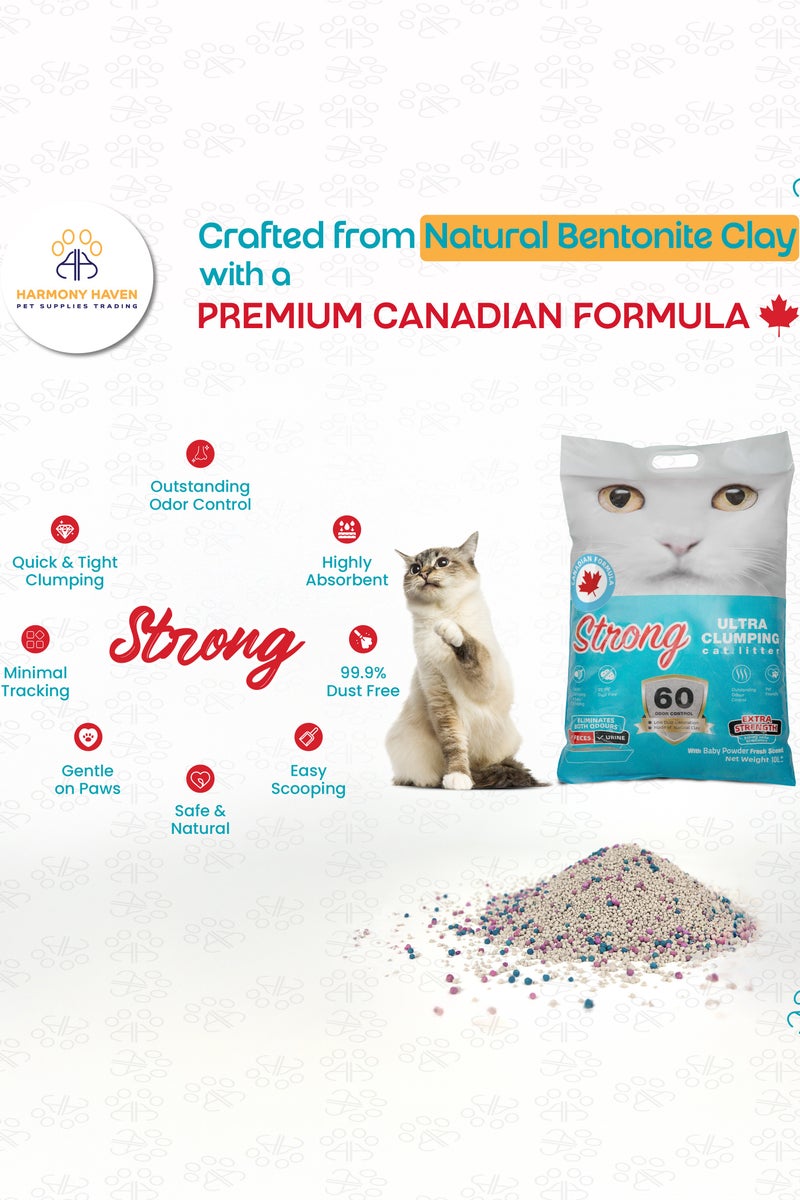 Strong 10L Baby Powder Scent Ultra Clumping Cat Litter Canadian Formula Extra Strength Odor Control Natural Bentonite 99.9% Dust-Free Multi-Cat. - Image 2