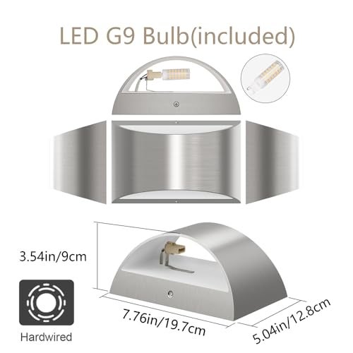 Aipsun Nickel Modern LED Wall Sconce Hardwired Indoor Wall Lights Set of 2 Up and Down Wall Mount Light for Living Room Bedroom Hallway Corridor Conservatory Warm White 3000K(with G9 Bulbs) - Image 3
