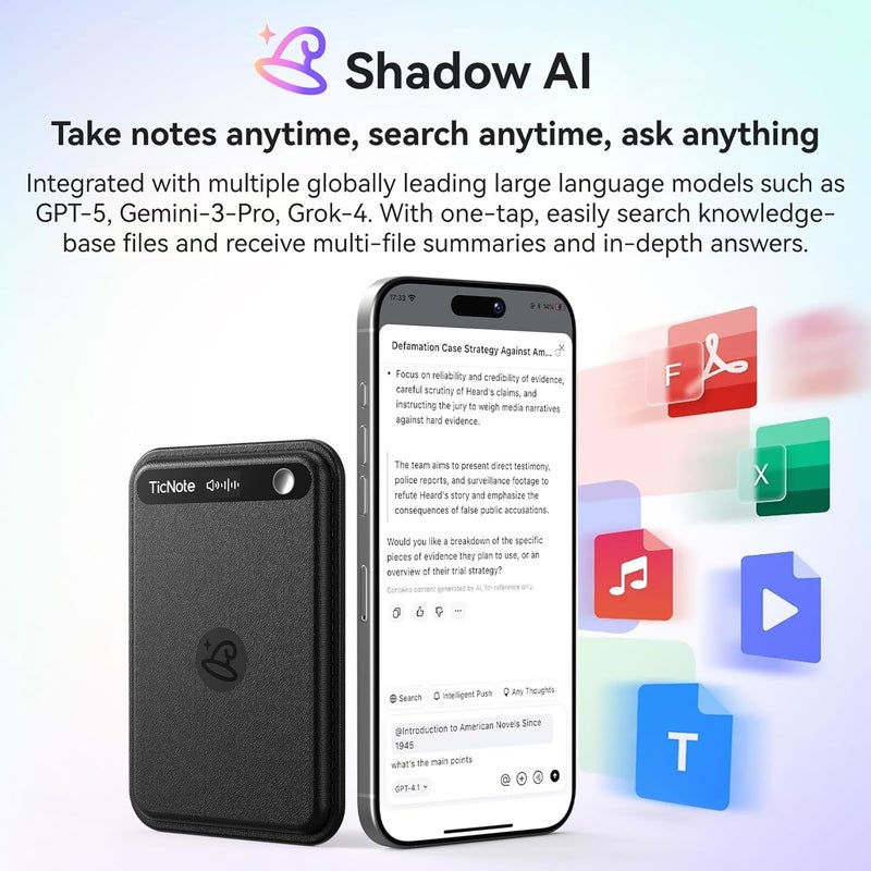 Mobvoi TicNote AI Voice Recorder, AI Transcription & Summary, 64GB | with Case, APP Control, 120+ Languages, Dual-Mode Recording, Voiceprint Identification, AI Shadow, 600 Minutes Free/Month - Image 2