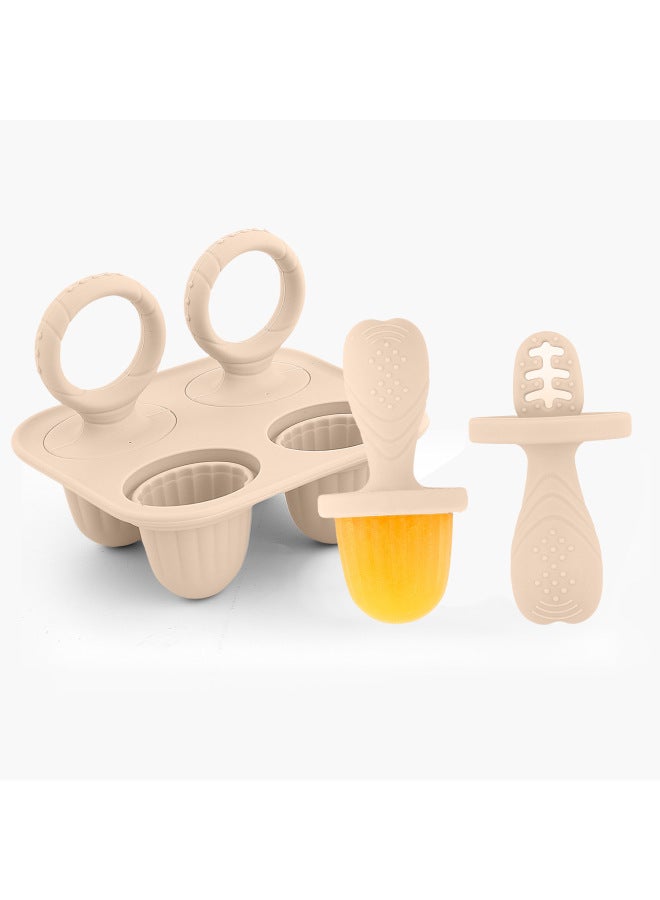 Baby Molar Popsicle Ice Cream Mold Making Popsicle Ice Cream Food Grade Silicone Special Mold Homemade Ice Cream-Specifications:Type A (beige) - Chassis + Round Straight Handle-color:Teething Popsicle Mold  - Image 1
