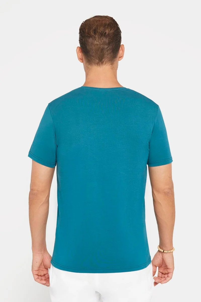 تودورس Men's Slim Fit Slim Cut Cotton Soft Texture Flexible Fabric Plain Basic Petrol Crew Neck T-Shirt