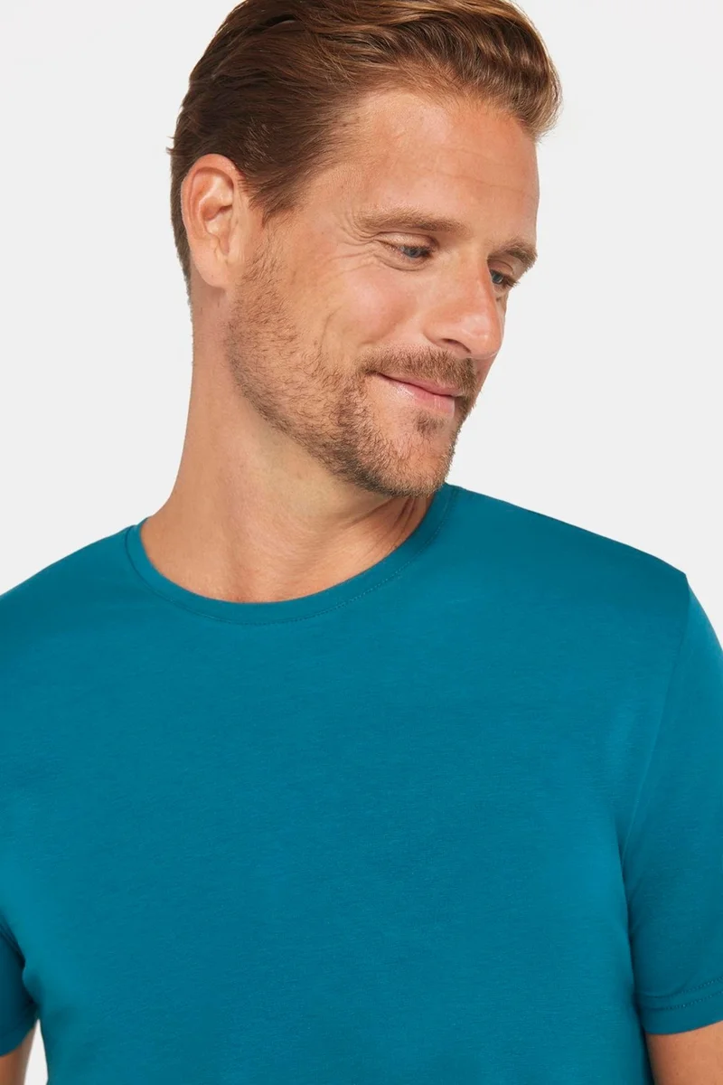تودورس Men's Slim Fit Slim Cut Cotton Soft Texture Flexible Fabric Plain Basic Petrol Crew Neck T-Shirt