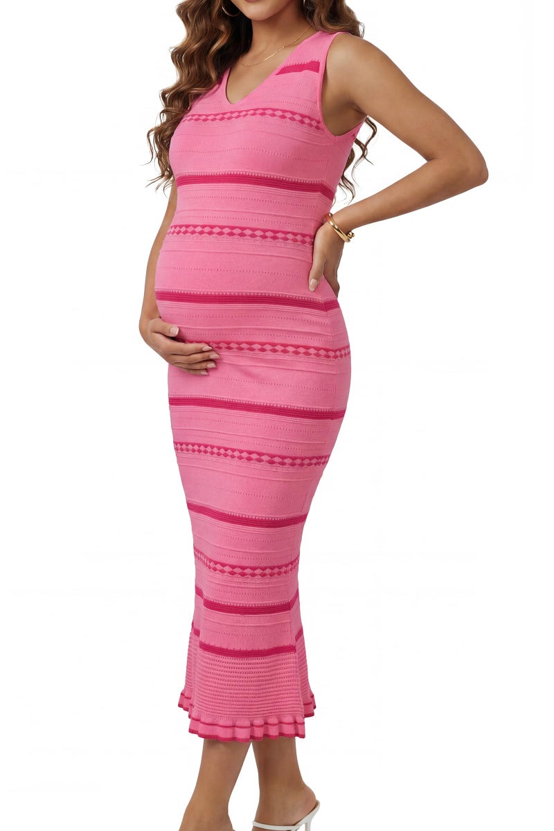 OUGES Maternity Sleeveless Sweater Striped Beach Dresses for Baby Shower Photoshoot Summer Spring V-Neck Viscose Holiday Vacation Dress Pregnancy Must Haves Clothes(Pink Plum Red Stripes,M) - Image 1