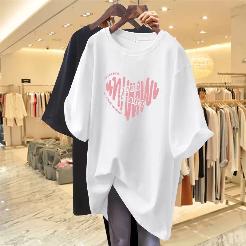 Pink T-shirt Women's Summer Short-sleeved 2023 New Love Mid-length Loose European T-shirt Top Clothes Ins Trendy - Image 3