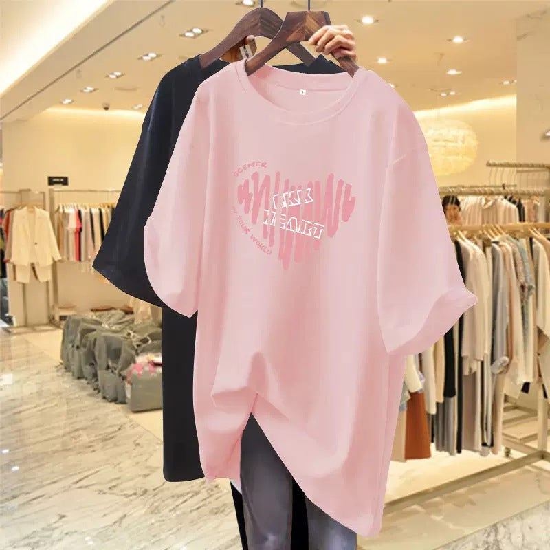 Pink T-shirt Women's Summer Short-sleeved 2023 New Love Mid-length Loose European T-shirt Top Clothes Ins Trendy - Image 2