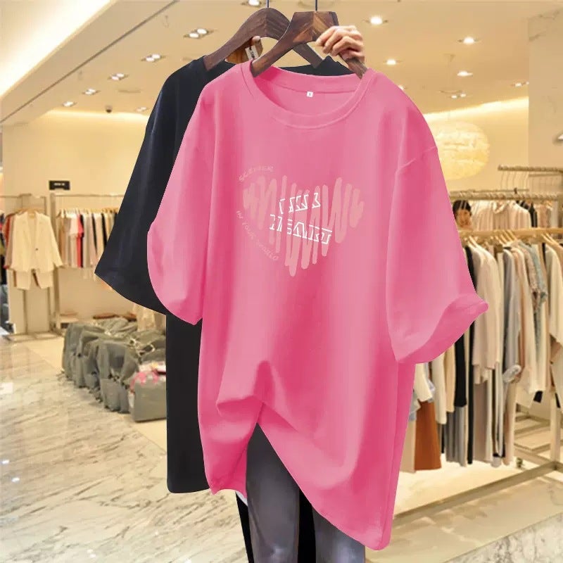 Pink T-shirt Women's Summer Short-sleeved 2023 New Love Mid-length Loose European T-shirt Top Clothes Ins Trendy - Image 4
