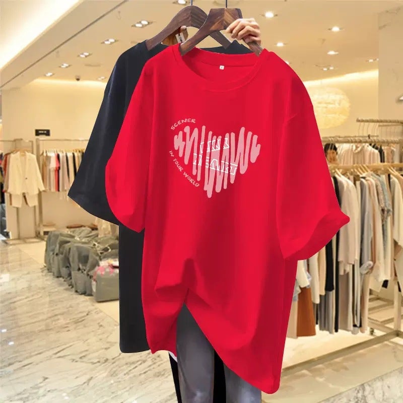 Pink T-shirt Women's Summer Short-sleeved 2023 New Love Mid-length Loose European T-shirt Top Clothes Ins Trendy - Image 5